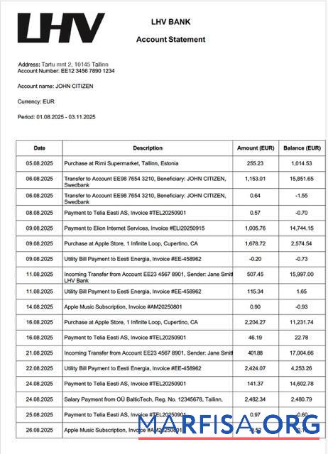 Downloadable Estonia LHV bank account statement word sample